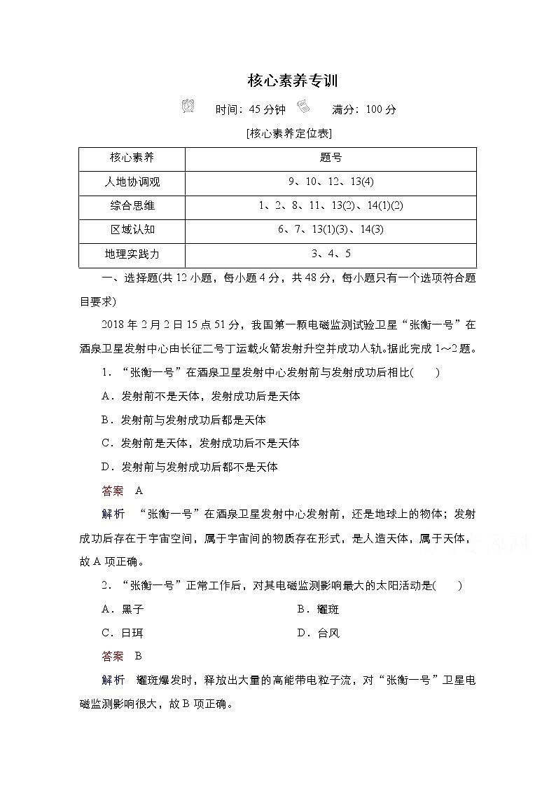 2020-2021学年高一新教材地理人教版必修第一册：核心素养专训 试卷01