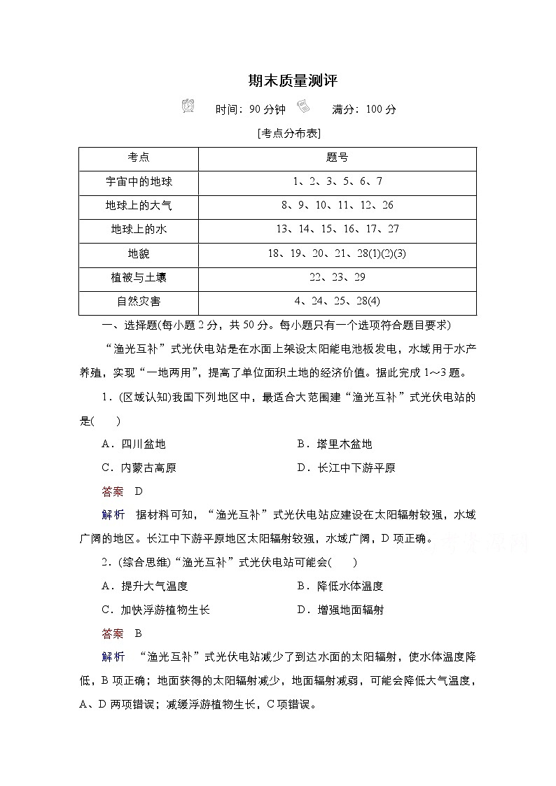 2020-2021学年高一新教材人教版地理必修第一册期末质量测评（word版含解析）01