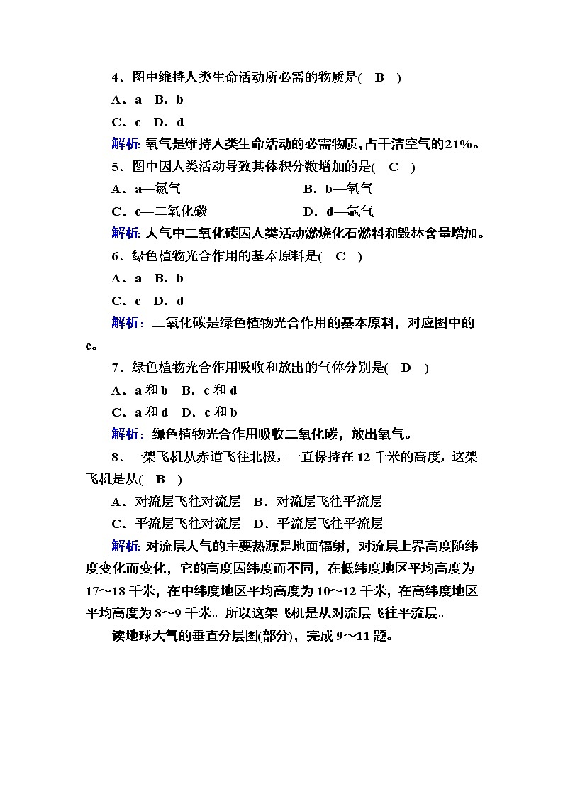 2020-2021学年高中新教材地理人教版必修第一册巩固练案：2-1大气的组成和垂直分层02
