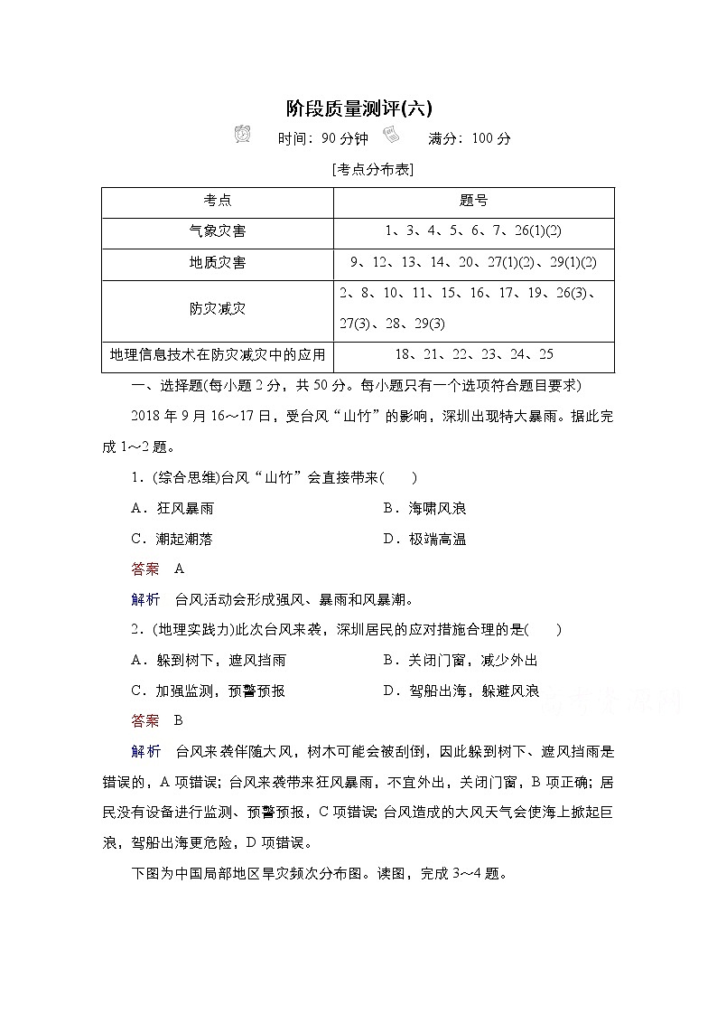 2020-2021学年高一新教材地理人教版必修第一册：第六章 自然灾害 质量测评01