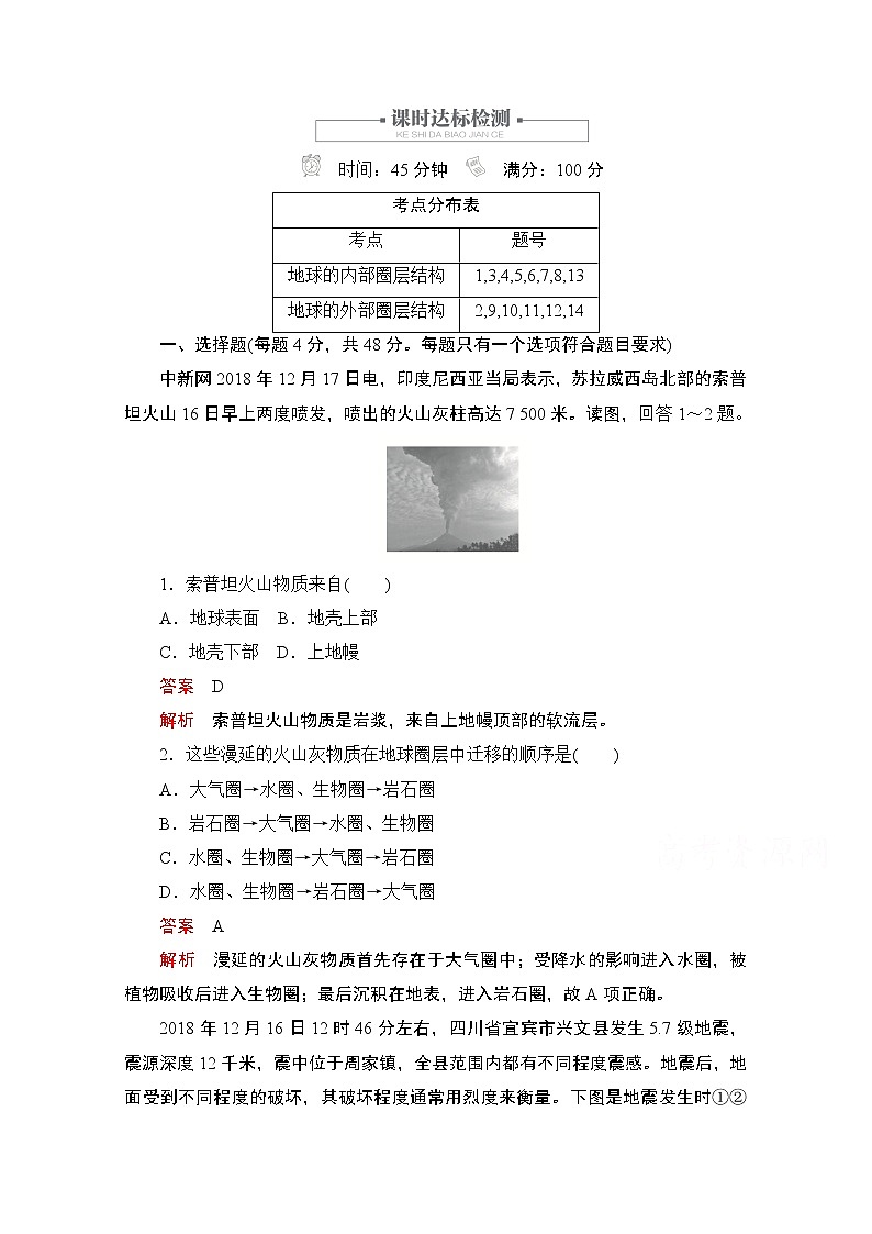 2019版新教材地理人教版必修第一册检测：第一章第四节　地球的圈层结构01
