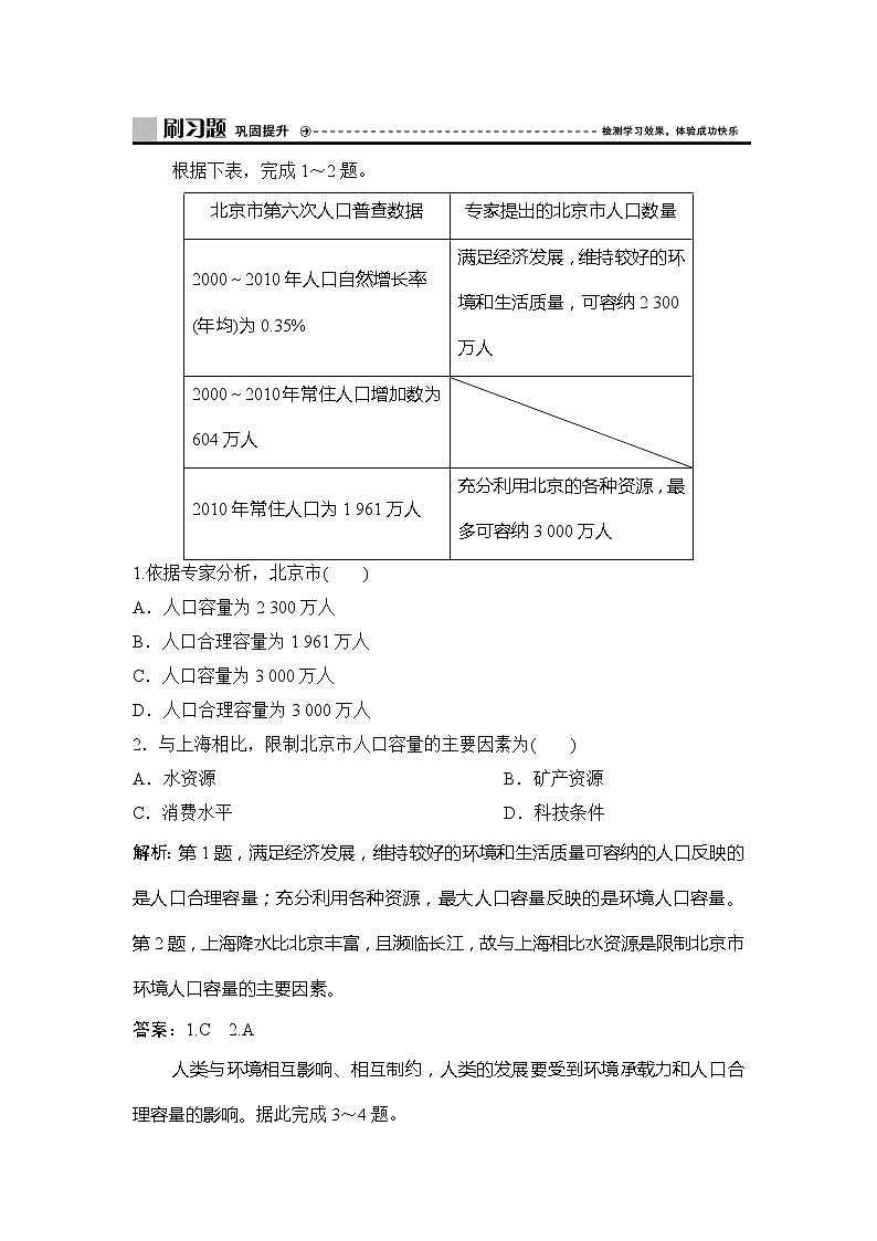 （新教材）2019-2020学年中图版地理必修第二册作业：第一章第三节　资源环境承载力与人口合理容量 练习01