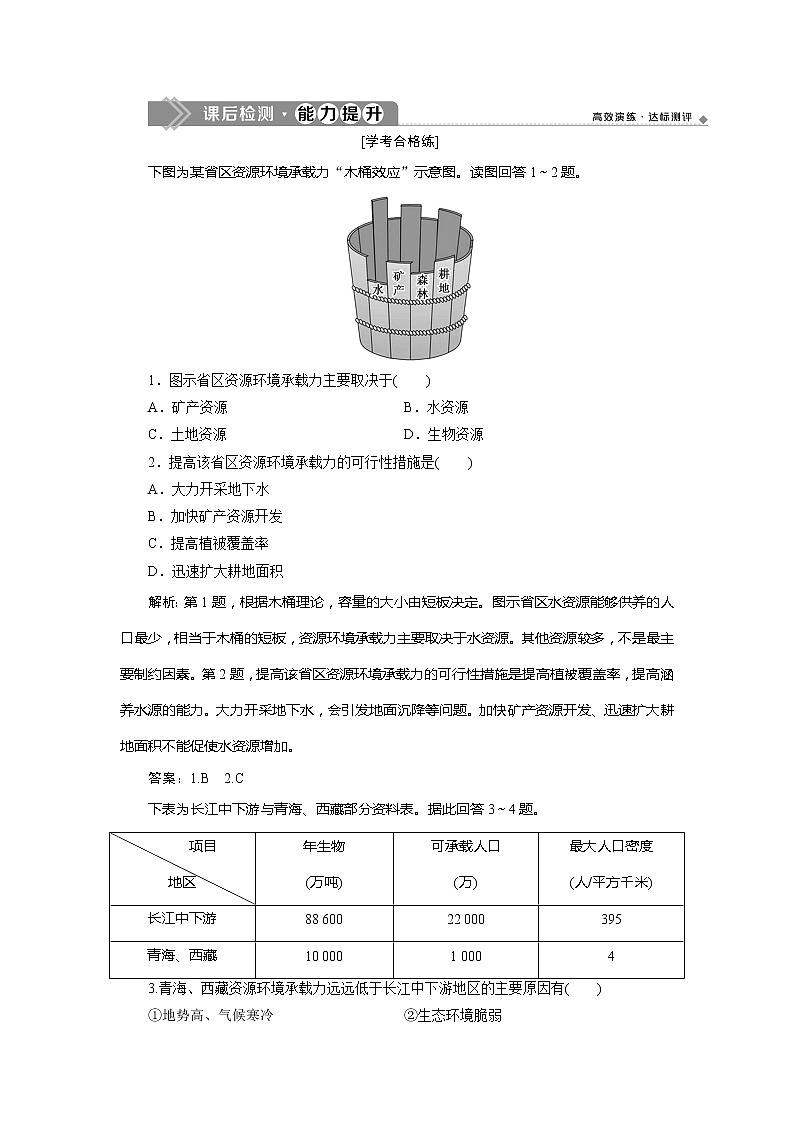 （新教材）2019-2020学年中图版地理必修第二册课后检测能力提升：第一章第三节　资源环境承载力与人口合理容量01