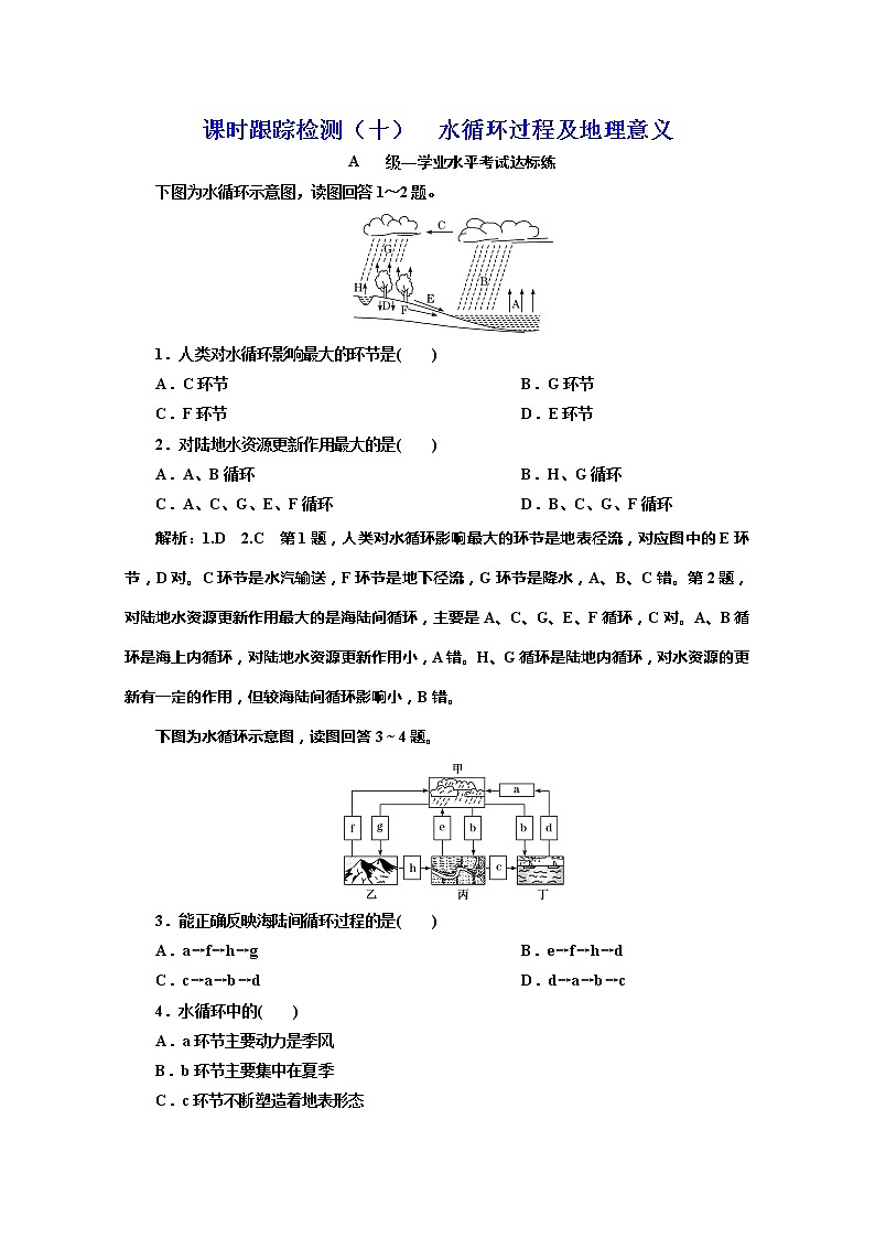 （新教材）2019-2020学年中图版高中地理必修第一册课时跟踪检测（十）水循环过程及地理意义01
