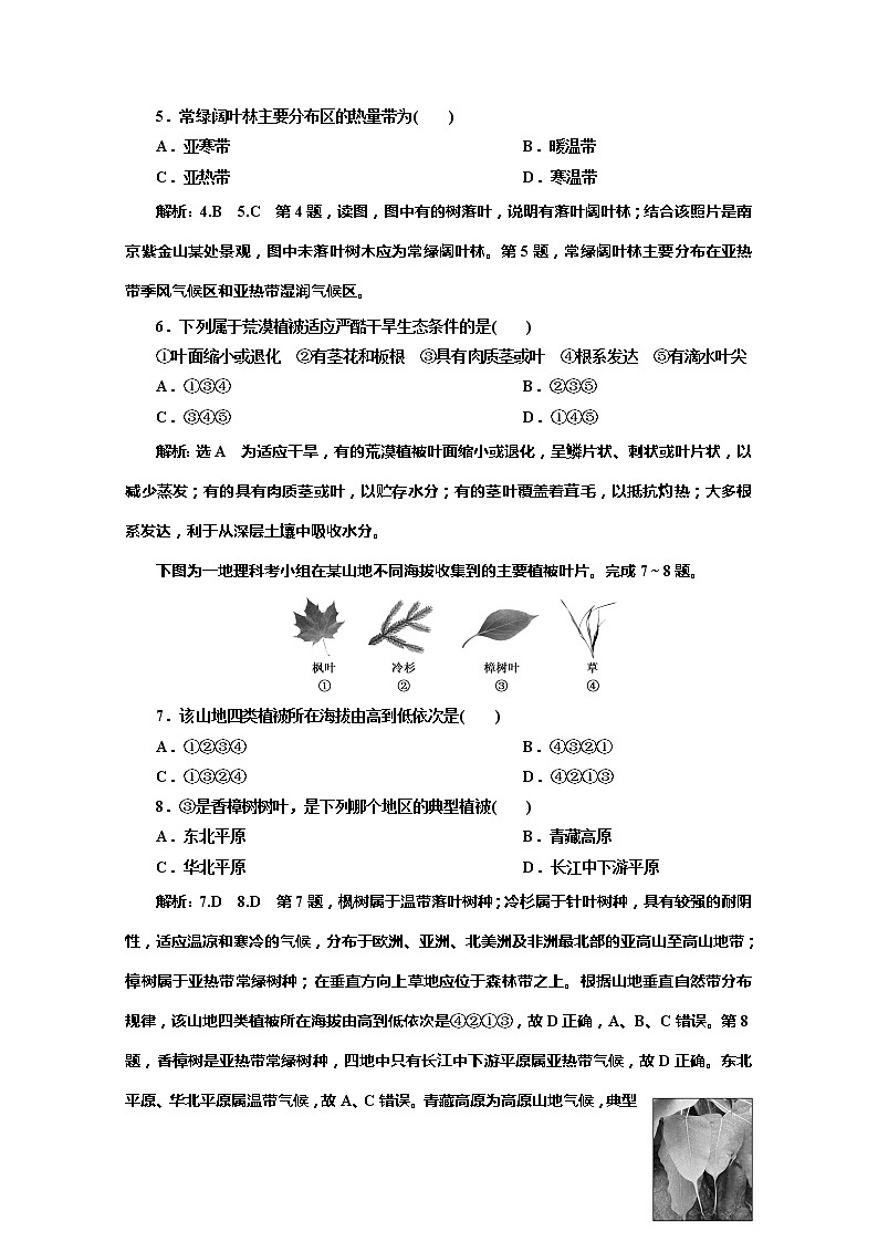 （新教材）2019-2020学年中图版高中地理必修第一册课时跟踪检测（十四）植被与自然环境的关系02