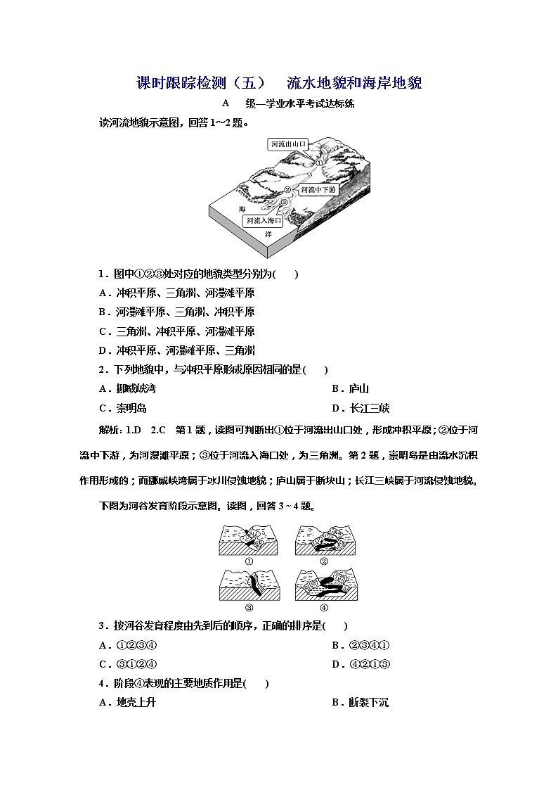 （新教材）2019-2020学年中图版高中地理必修第一册课时跟踪检测（五）流水地貌和海岸地貌01