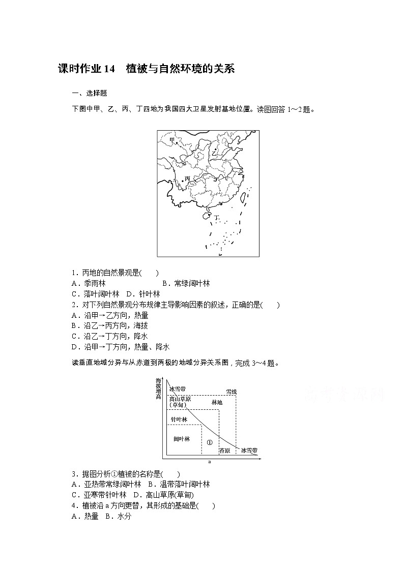 【新教材】2020-2021学年高中地理中图版必修第一册课时作业14　植被与自然环境的关系 练习01