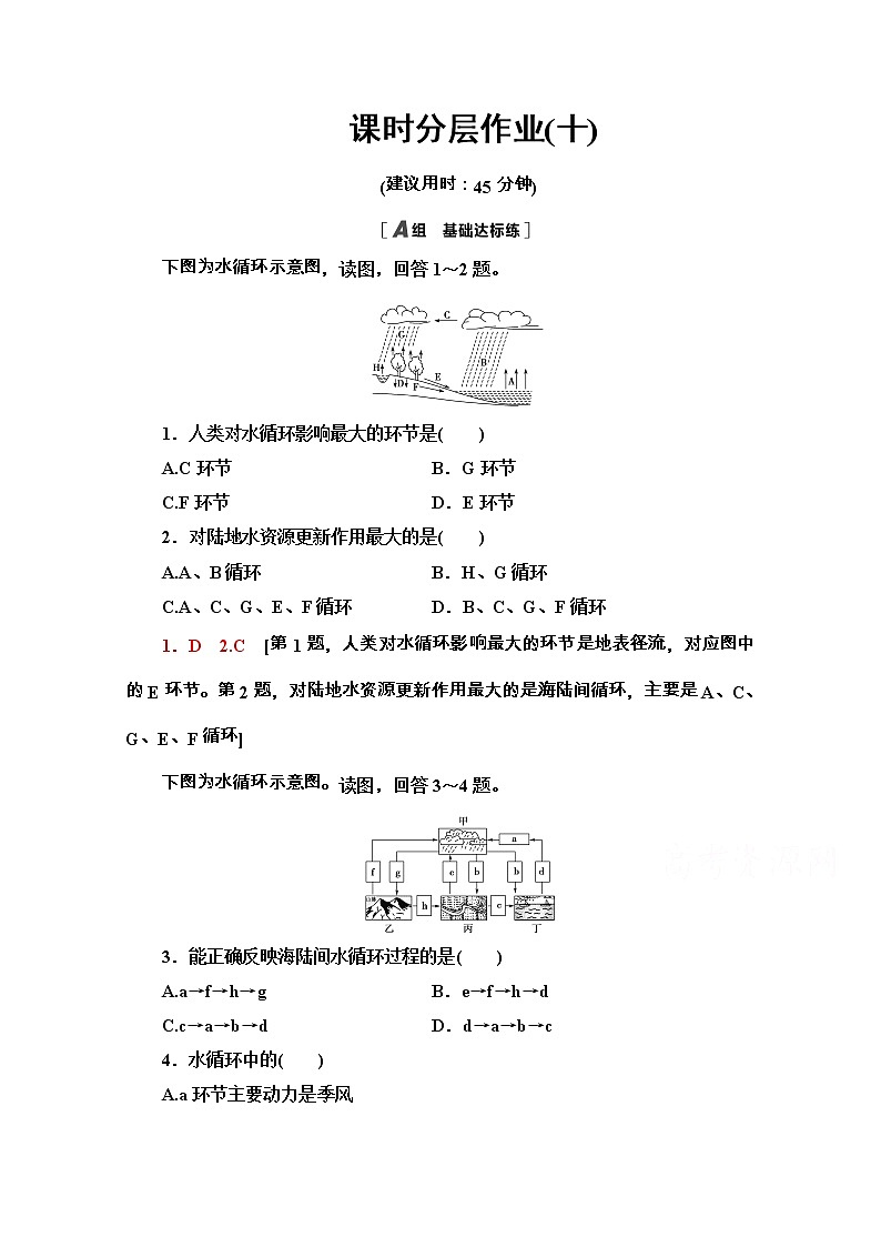 2020-2021学年地理新教材中图版必修第一册课时分层作业：2.4　水循环过程及地理意义 练习01