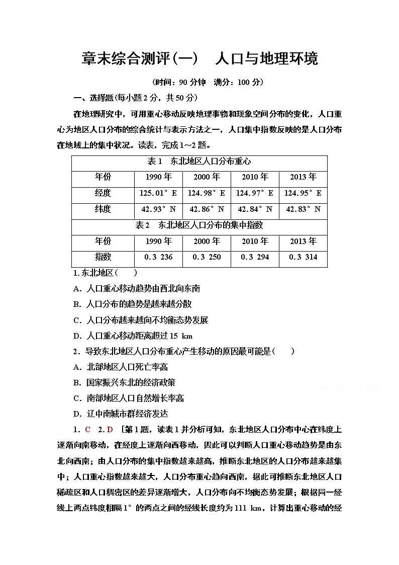 2019-2020学年高中新教材湘教地理必修第二册章末综合测评1　人口与地理环境01