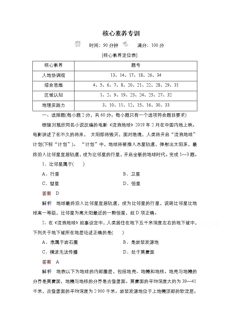 2020-2021学年高一新教材地理湘教版必修第一册核心素养专训 试卷01