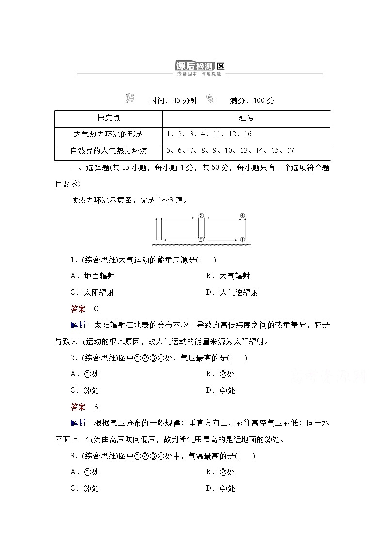 2020-2021学年高一新教材地理湘教版必修第一册作业：第3章第3节大气热力环流 练习01