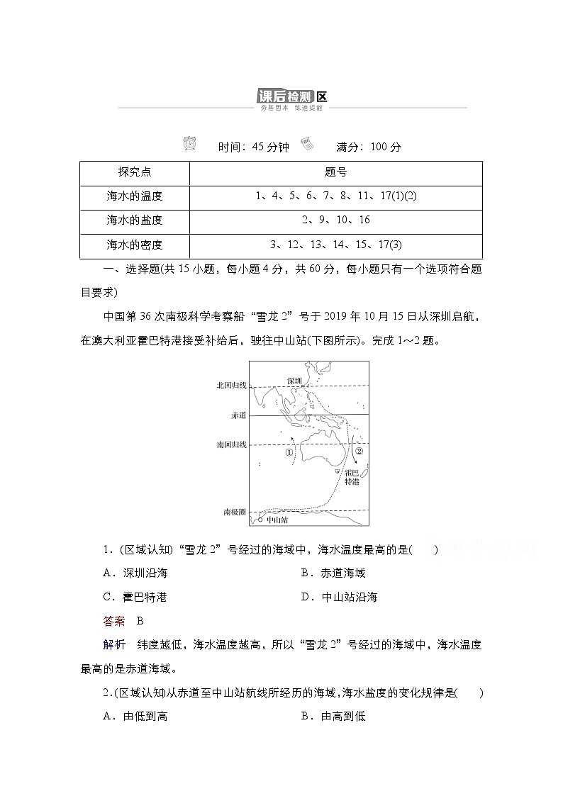 2020-2021学年高一新教材地理湘教版必修第一册作业：第4章第2节第1课时 海水的性质 练习01