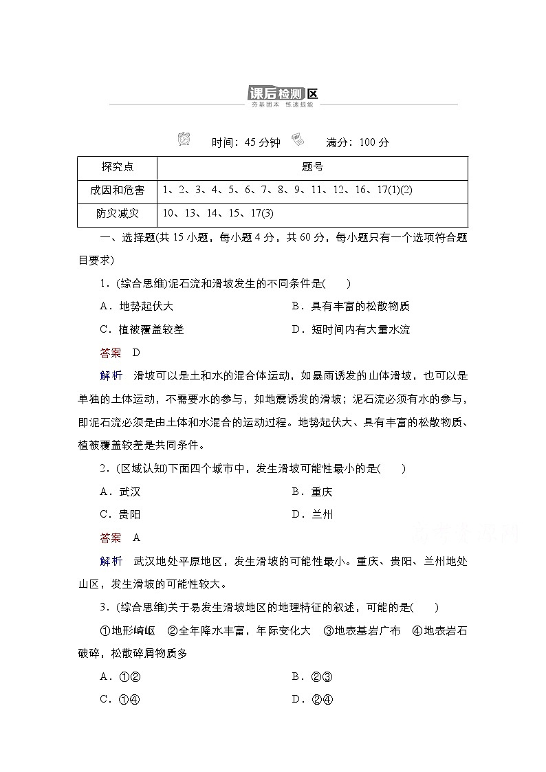 2020-2021学年高一新教材地理湘教版必修第一册作业：第2章第1节第2课时 滑坡和泥石流 练习01