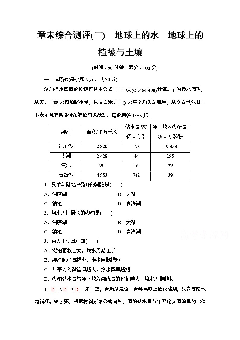 2020-2021学年地理新教材湘教版必修第一册章末综合测评3　地球上的水　地球上的植被与土壤01