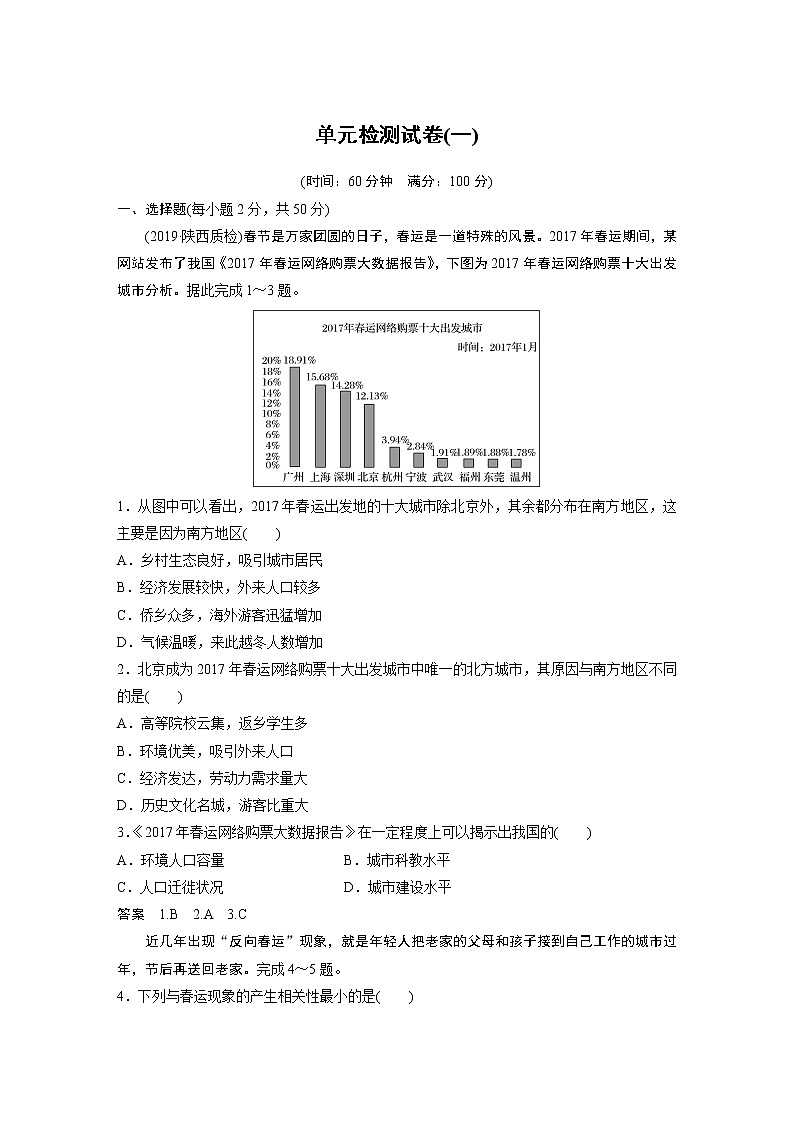 （新教材）2019-2020学年鲁教版地理必修第二册同步导学讲义练习：第1单元人口与环境单元检测试卷（一）01