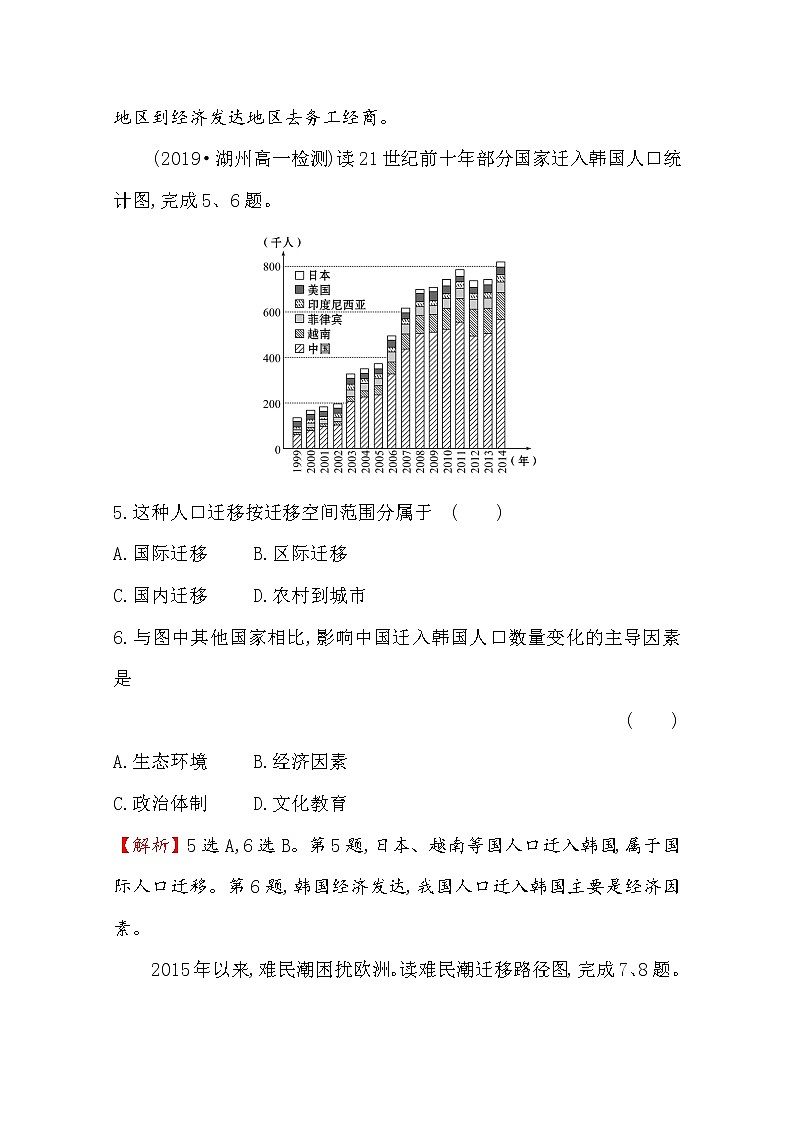 2019-2020学年鲁教版（2019版）地理必修第二册新教材突破课时素养评价二1.2人口迁移 试卷03