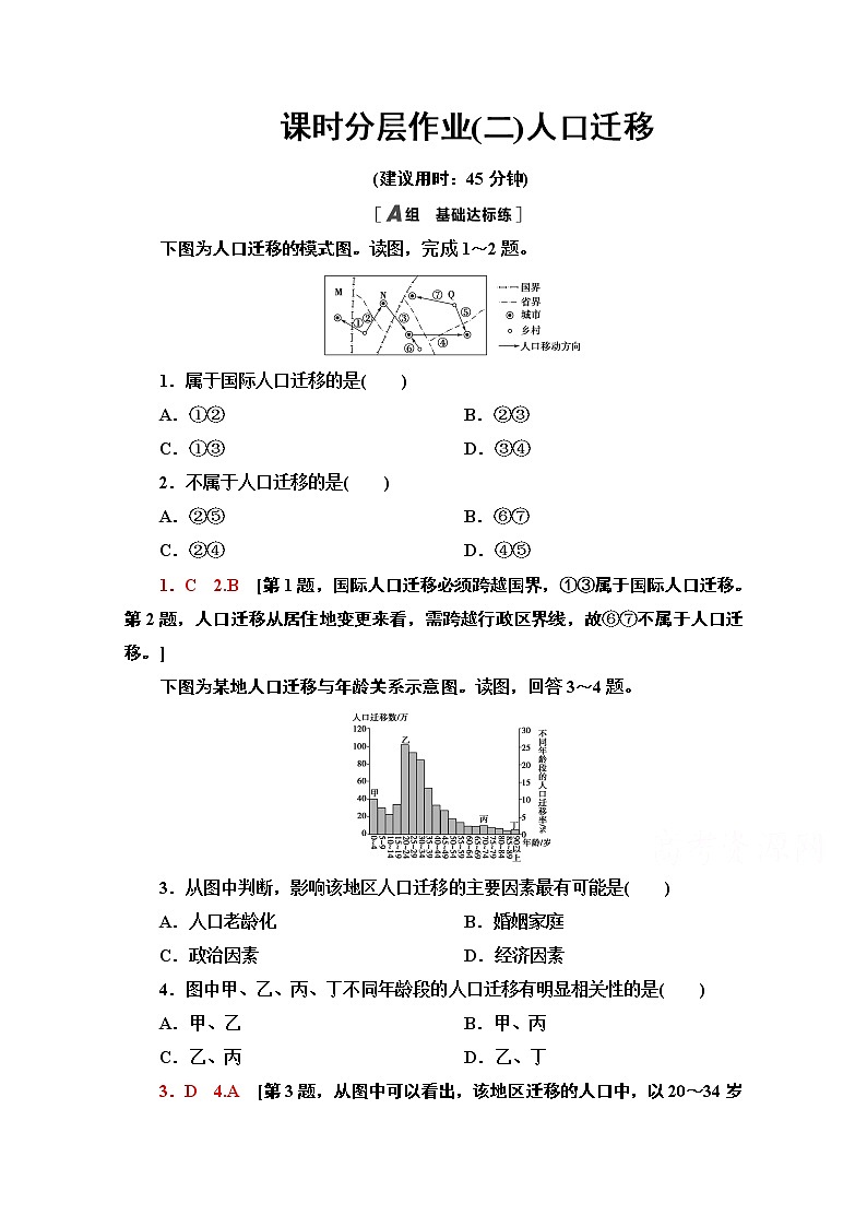 2020-2021学年新教材地理鲁教版必修第二册课时分层作业2　人口迁移 练习01