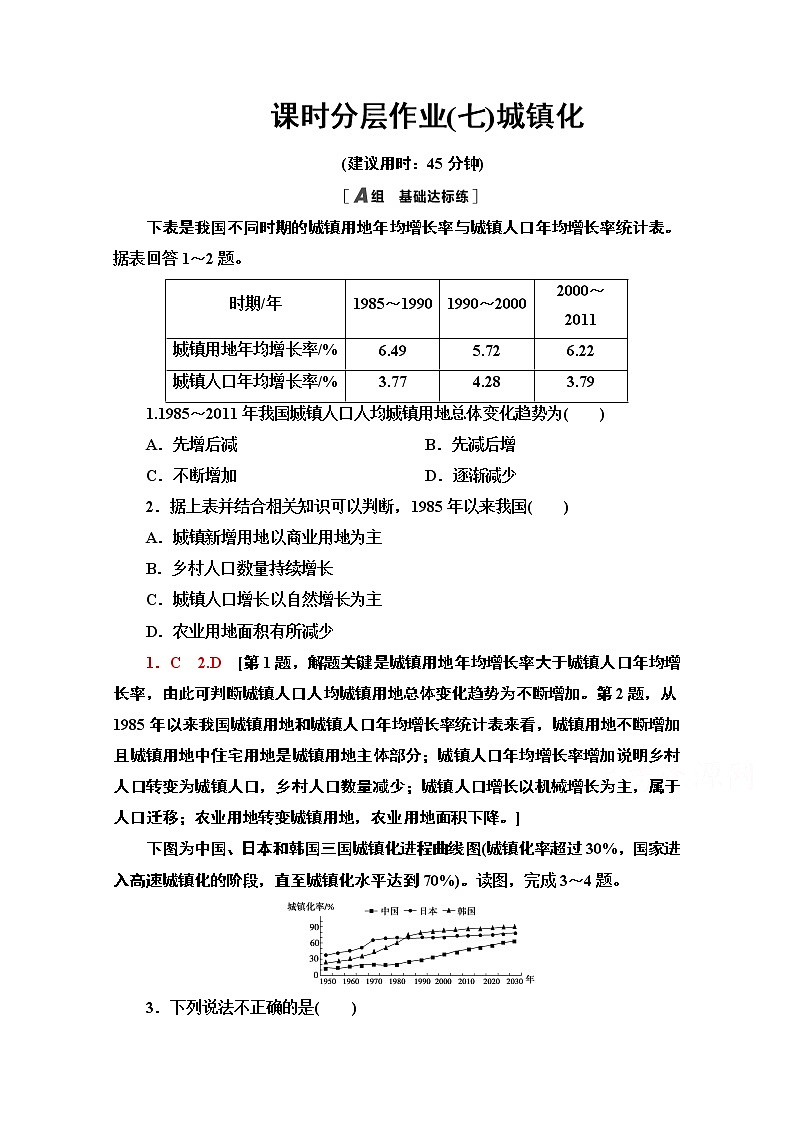 2020-2021学年新教材地理鲁教版必修第二册课时分层作业7　城镇化 练习01