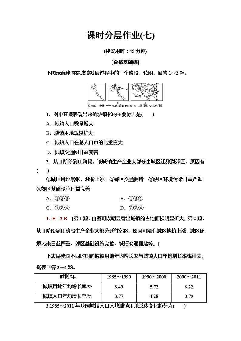 （新教材）2019-2020学年鲁教版地理必修第二册课时分层作业7　城镇化 练习01