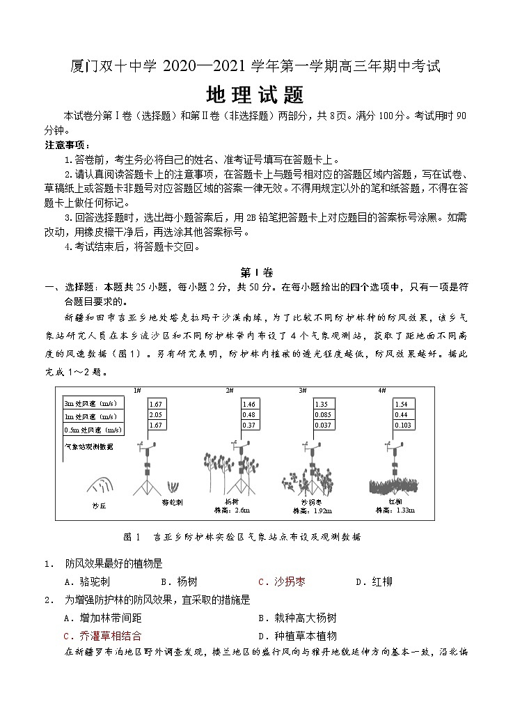 福建省厦门双十中学2021届高三上学期期中考试 地理（含答案）01