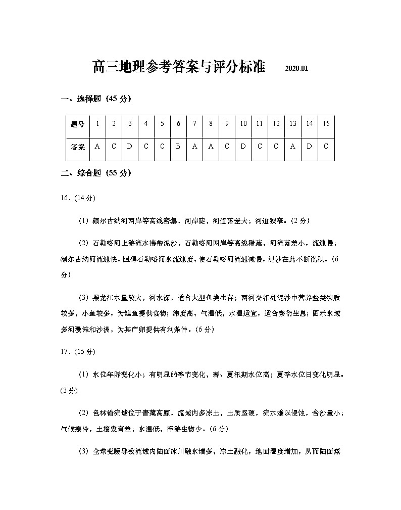 2019-2020山东省胶州市高三地理上学期期末试卷（下载版）01