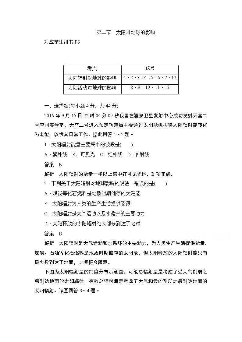 2019-2020学年高中地理人教版必修1同步作业与测评：1.2 太阳对地球的影响01