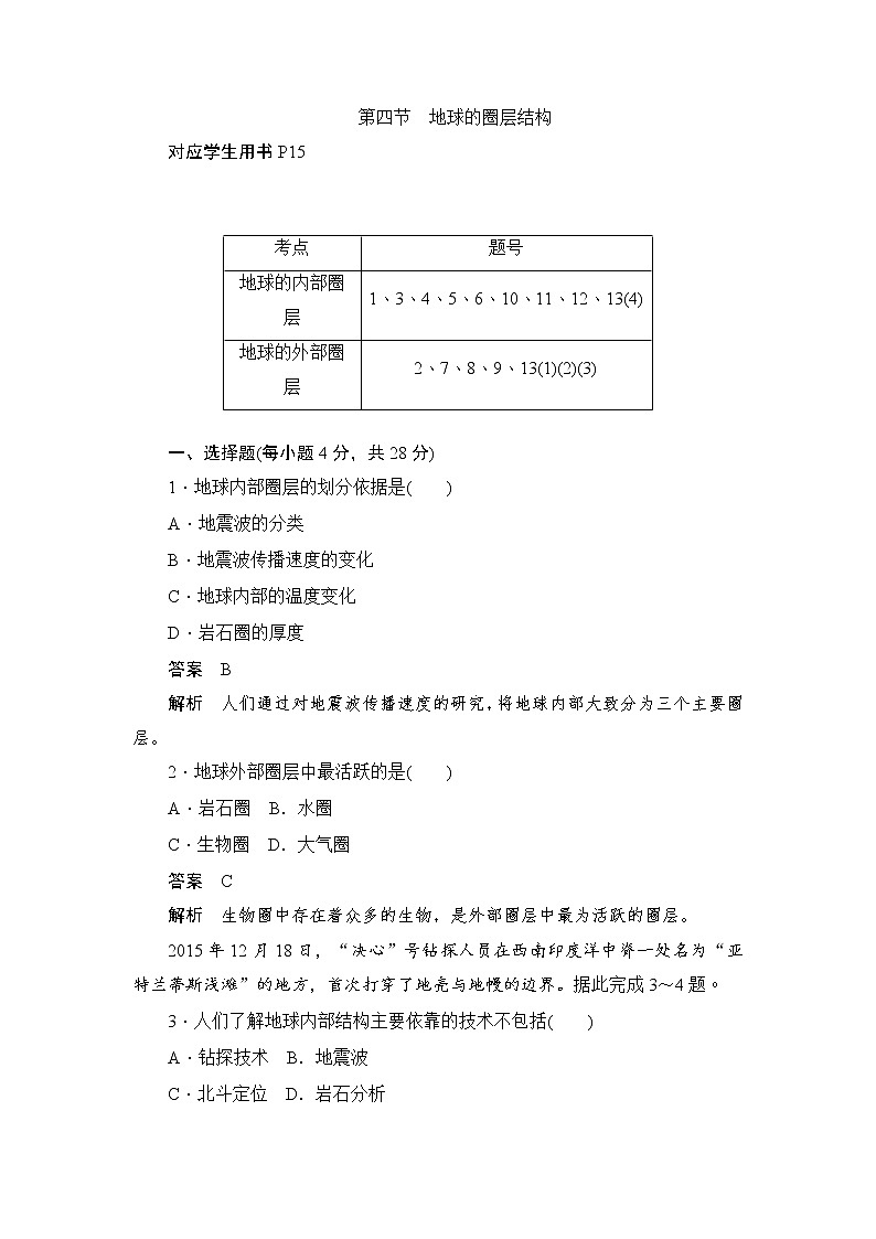2019-2020学年高中地理人教版必修1新同步作业：1.4地球的圈层结构 练习01