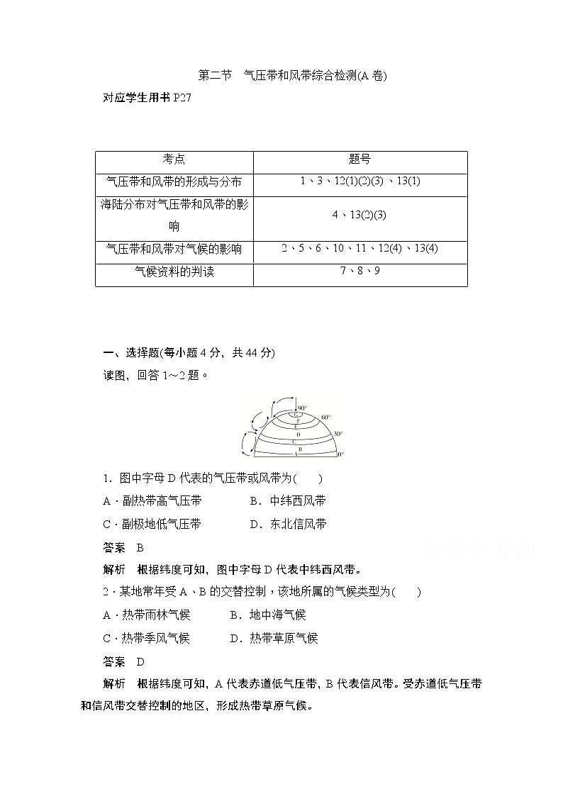 2019-2020学年高中地理人教版必修1同步作业与测评：第二节　气压带和风带综合检测（A卷）01