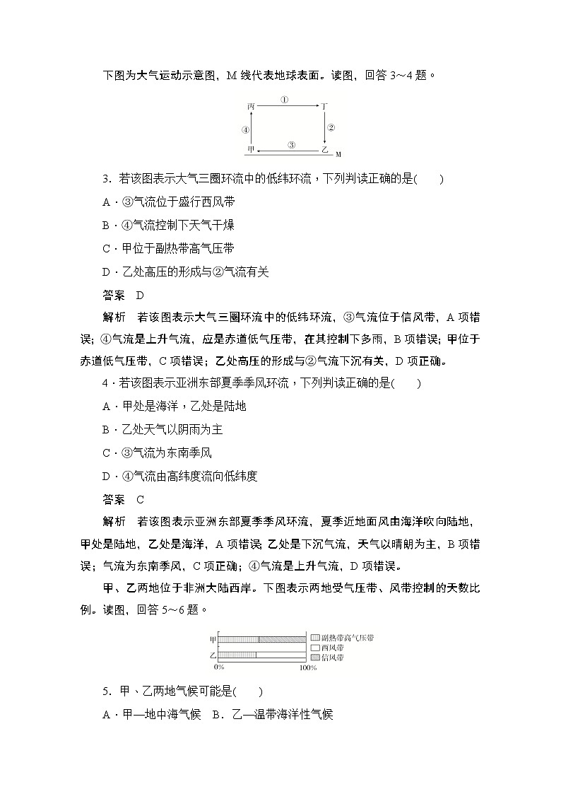 2019-2020学年高中地理人教版必修1同步作业与测评：第二节　气压带和风带综合检测（A卷）02