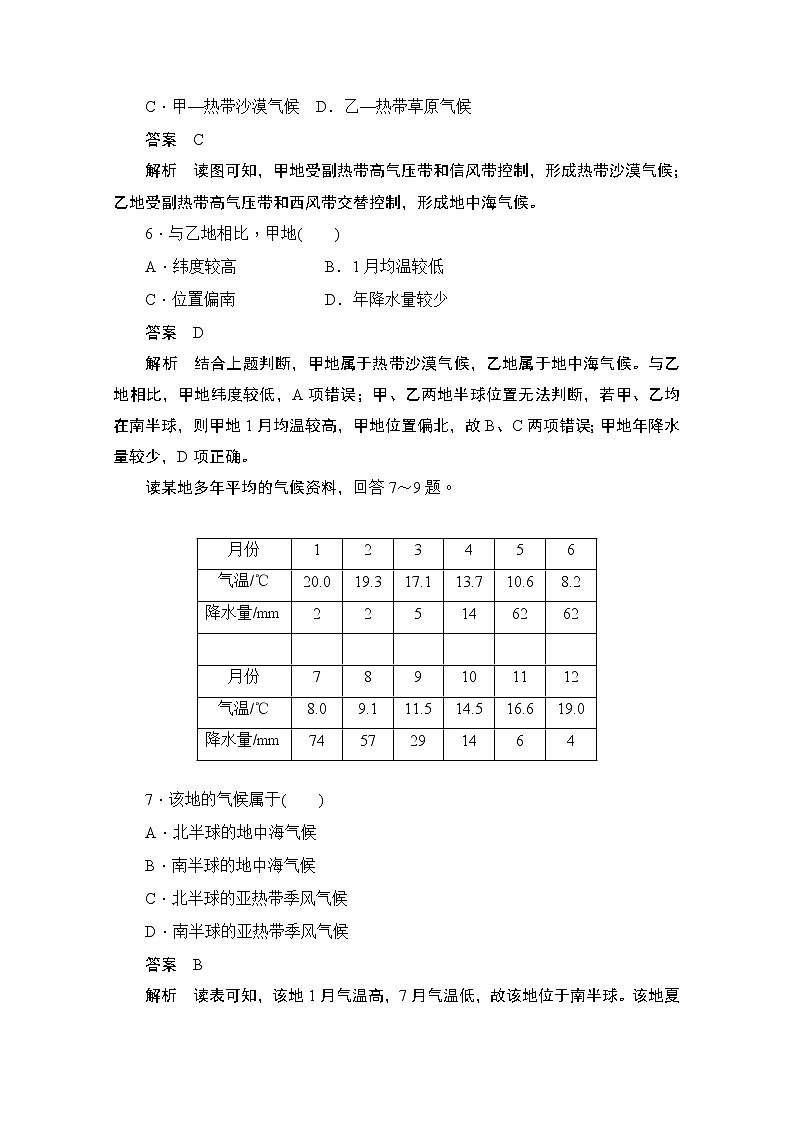 2019-2020学年高中地理人教版必修1同步作业与测评：第二节　气压带和风带综合检测（A卷）03