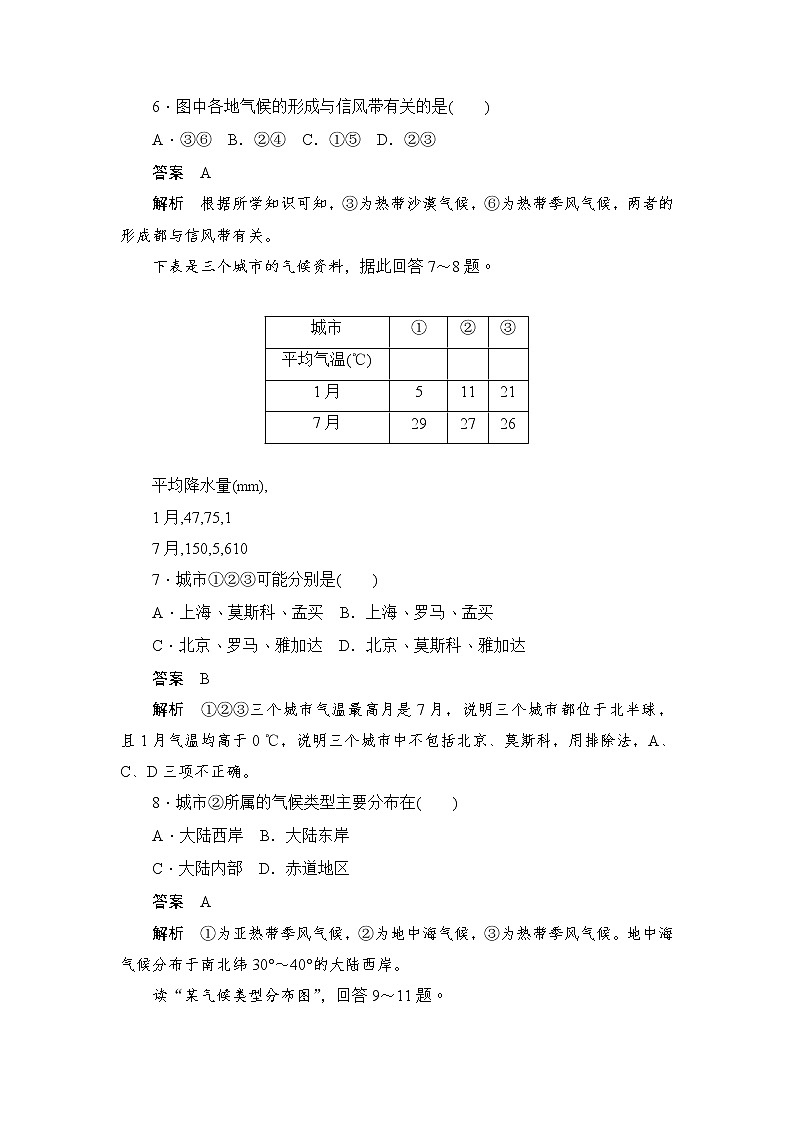 2019-2020学年高中地理人教版必修1新同步作业：2.2.2北半球冬、夏季气压中心气压带和风带对气候的影响 练习03