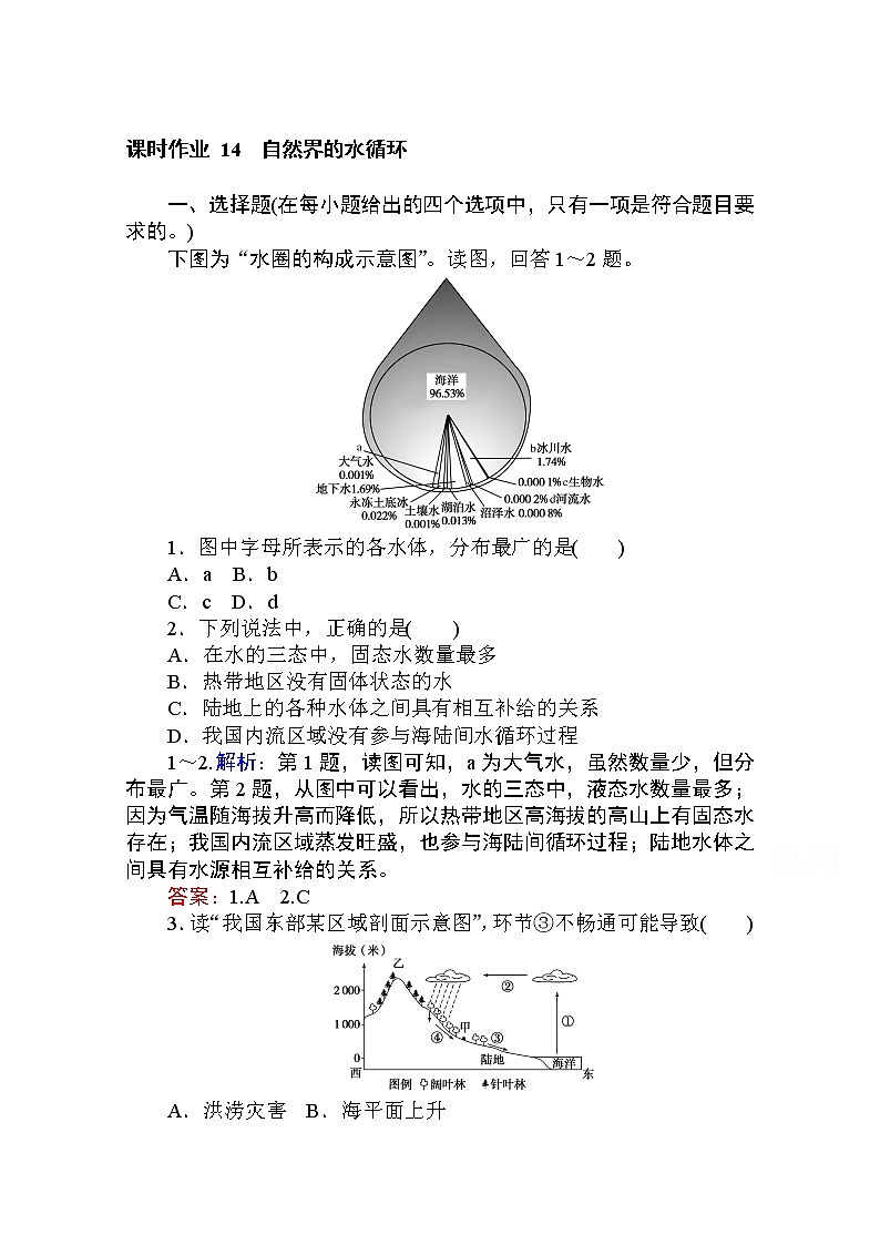 2019-2020学年高中地理人教版必修1课时作业：3.1 自然界的水循环 练习01