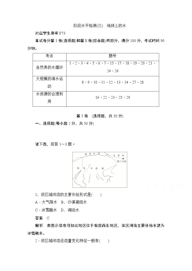 2019-2020学年高中地理人教版必修1同步作业与测评：阶段水平检测（三）　地球上的水01