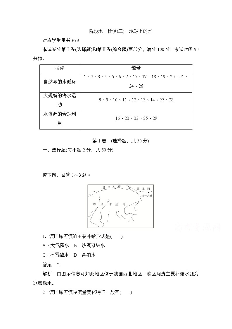 2019-2020学年高中地理人教版必修1同步作业与测评：阶段水平检测（三）　地球上的水01
