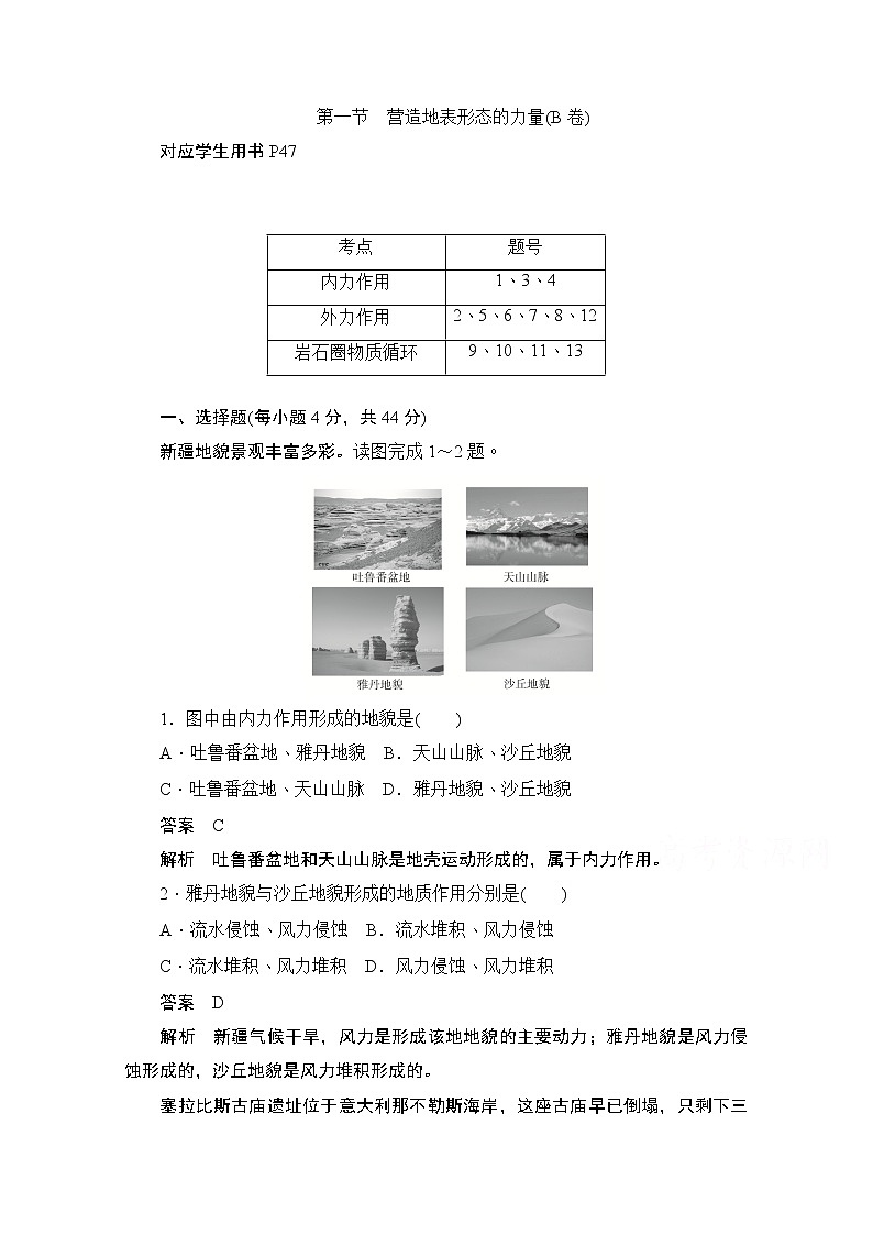 2019-2020学年高中地理人教版必修1同步作业与测评：4.1 营造地表形态的力量（B卷）01