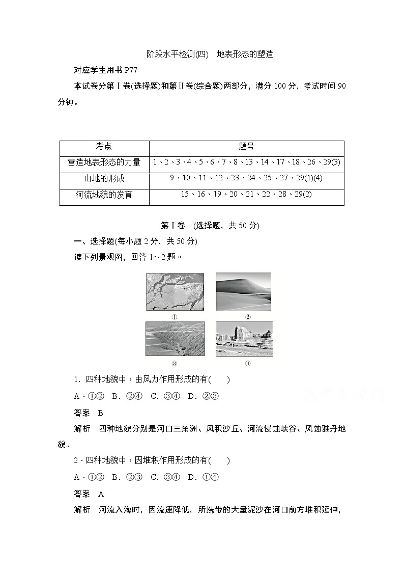 2019-2020学年高中地理人教版必修1同步作业与测评：阶段水平检测（四）　地表形态的塑造01