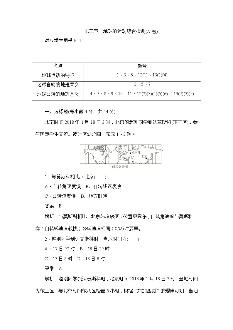 2019-2020版地理人教必修一同步刷题首先卷（A卷 B卷）：第一章 第三节　地球的运动综合检测（A卷）01