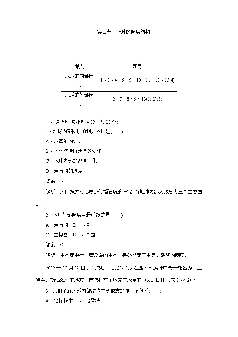 2019-2020版地理人教必修一同步刷题首先卷（A卷 B卷）：第一章 第四节地球的圈层结构01