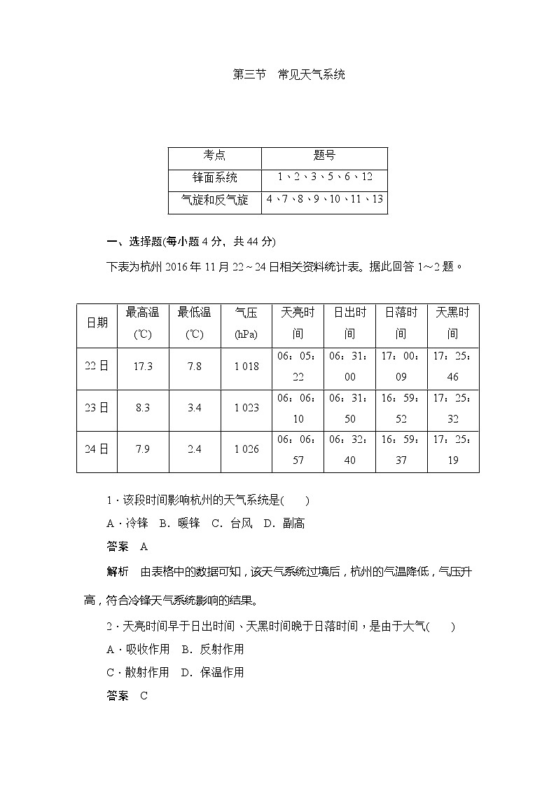 2019-2020版地理人教必修一同步刷题首先卷（A卷 B卷）：第二章 第三节常见天气系统01