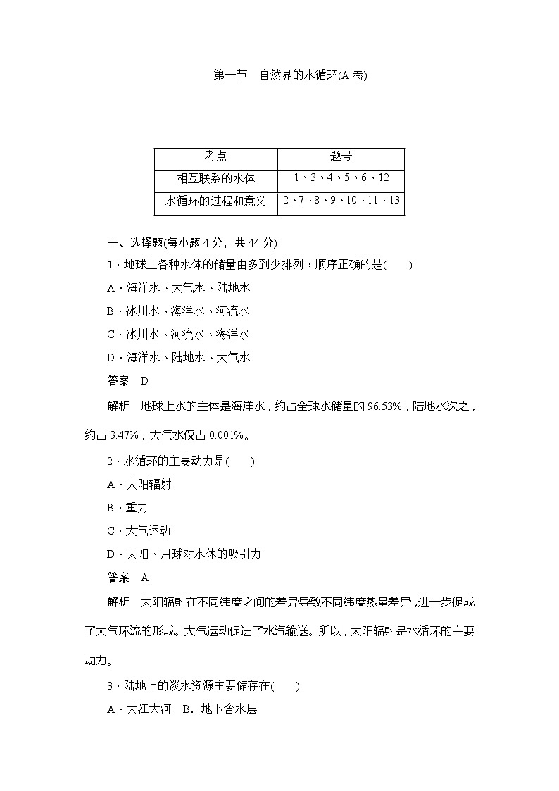 2019-2020版地理人教必修一同步刷题首先卷（A卷 B卷）：第三章 第一节　自然界的水循环（A卷）01