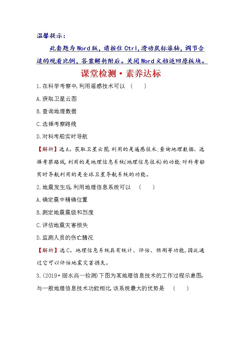 2019-2020新教材地理鲁教版新素养导学必修一课堂检测·素养达标 单元活动 4 地理信息技术应用01