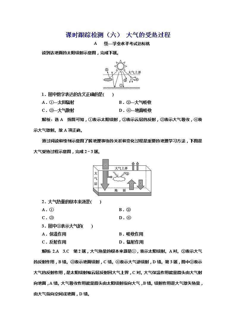 （新教材）2019-2020学年鲁教版高中地理必修第一册课时跟踪检测（六）2.1第二课时大气的受热过程01