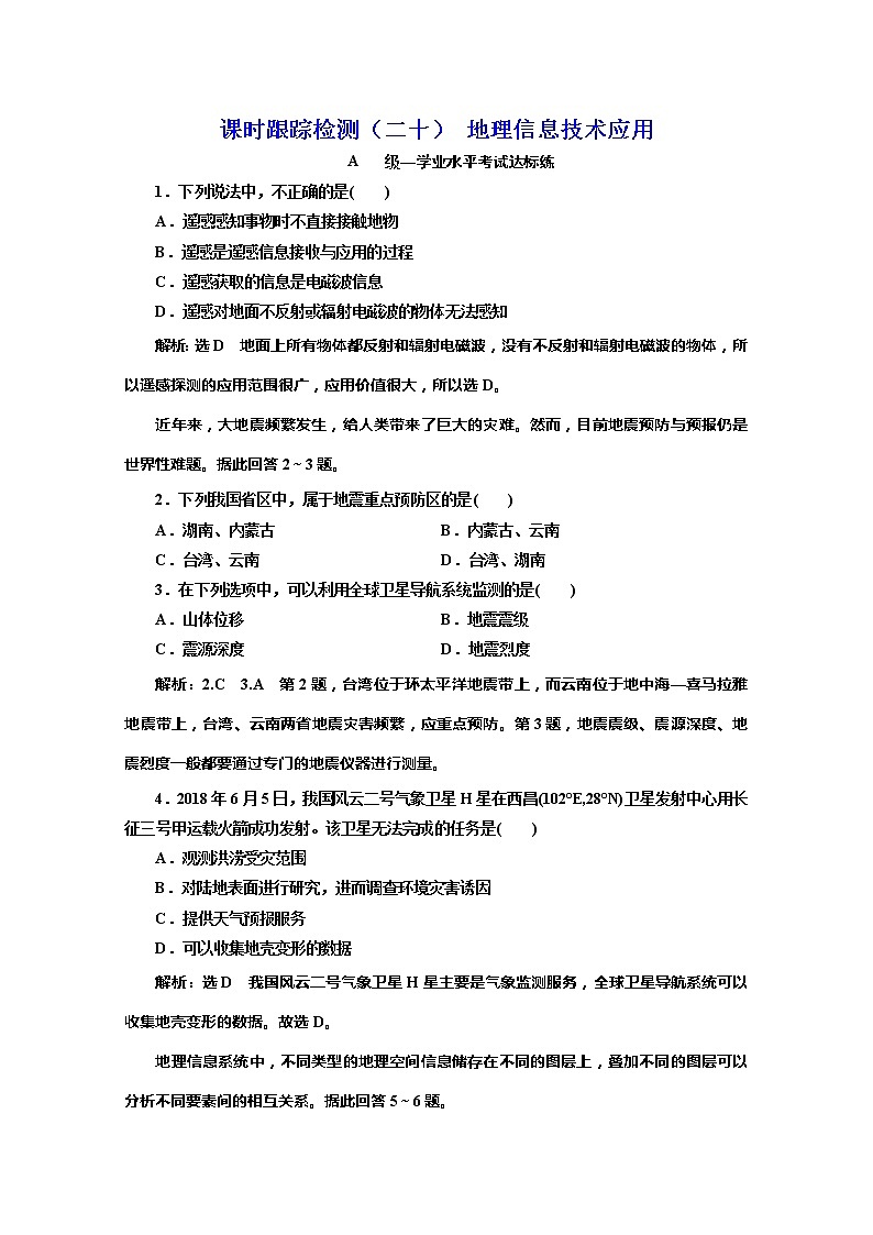 （新教材）2019-2020学年鲁教版高中地理必修第一册课时跟踪检测（二十）地理信息技术应用01