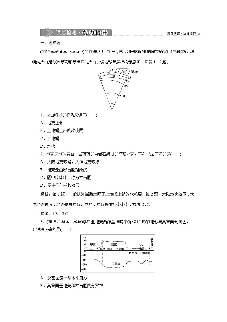 （新教材）2019-2020学年鲁教版地理必修第一册练习：1.3地球的圈层结构　课后检测能力提升01