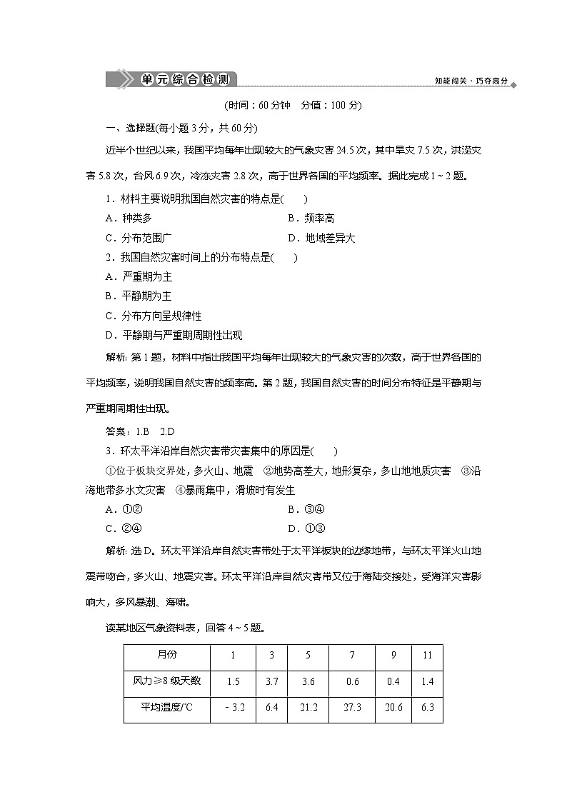2019-2020学年鲁教版地理选修五新素养同步练习：第三单元以地理视角分析自然灾害单元综合检测01