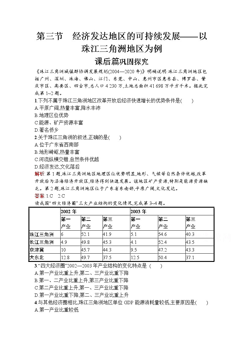地理鲁教必修3检测：第四单元　第三节　经济发达地区的可持续发展——以珠江三角洲地区为例01