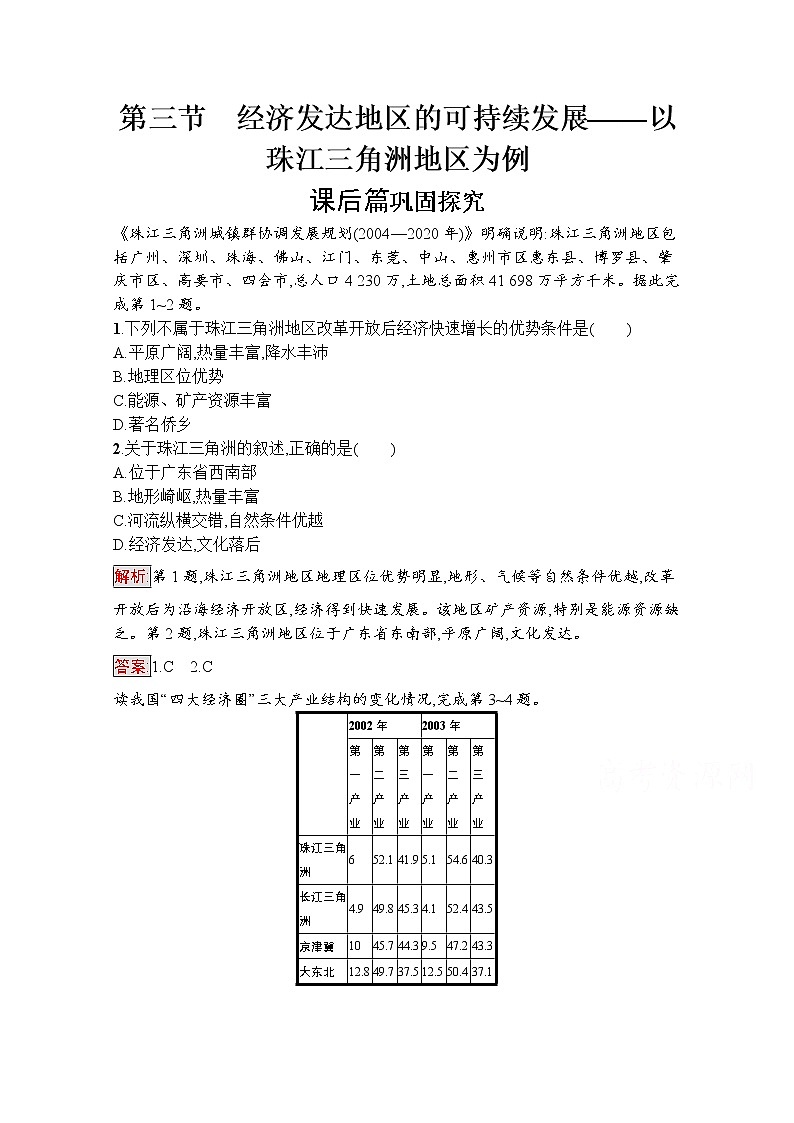 高中地理鲁教版必修3课后练习：4.3经济发达地区的可持续发展——以珠江三角洲地区为例01