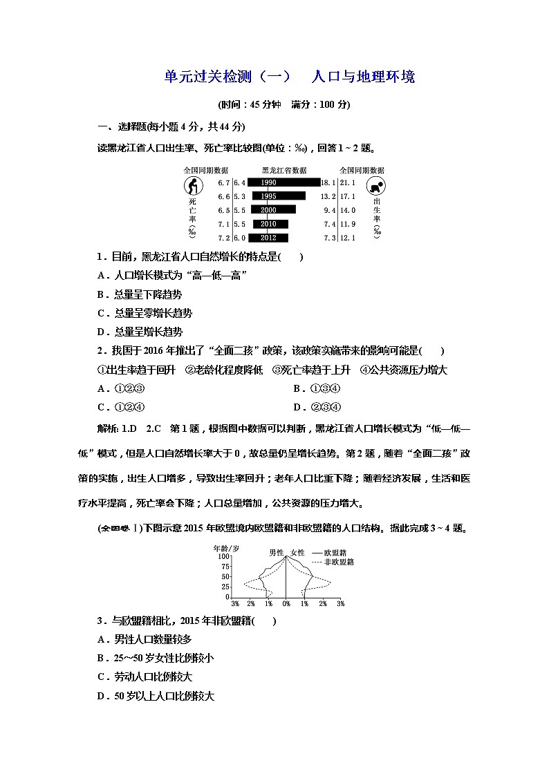 同步鲁教版高中地理必修二培优新方案单元过关检测（一）人口与地理环境01