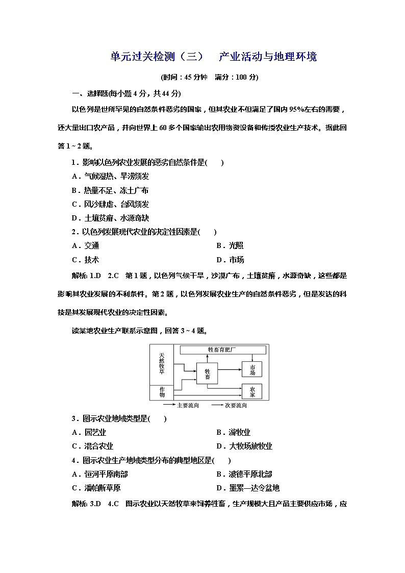同步鲁教版高中地理必修二培优新方案单元过关检测（三）产业活动与地理环境01
