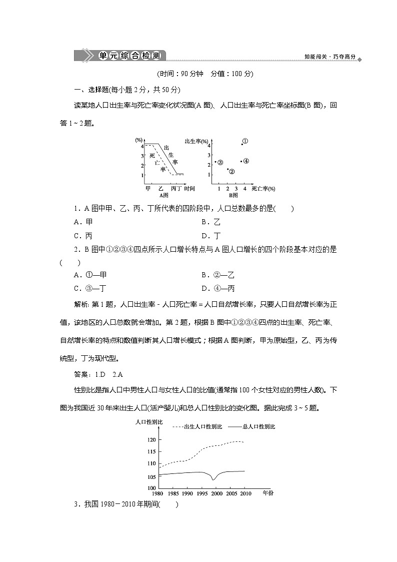 2019-2020学年鲁教版地理必修二新素养同步练习：第一单元人口与地理环境单元综合检测01